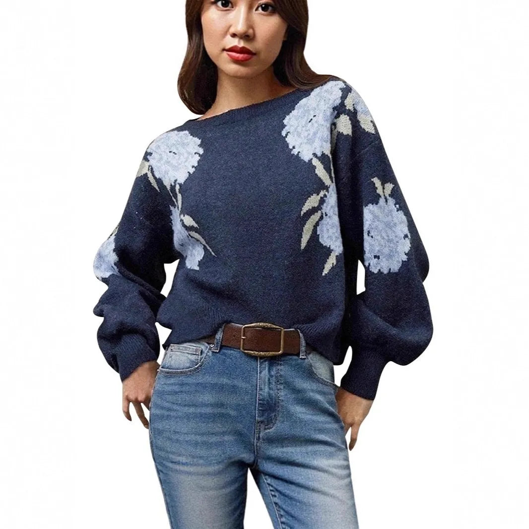 Women's sapphire blue off-neck pullover sweater with woven floral jacquard pattern