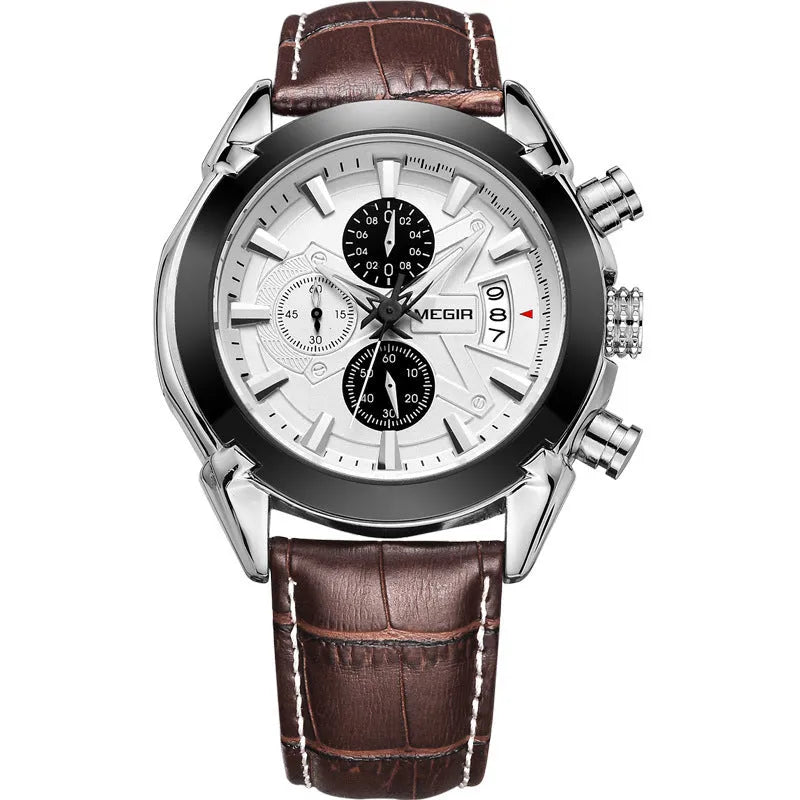 Men's multifunctional quartz chronograph watch with three subdials on a black or brown dial.