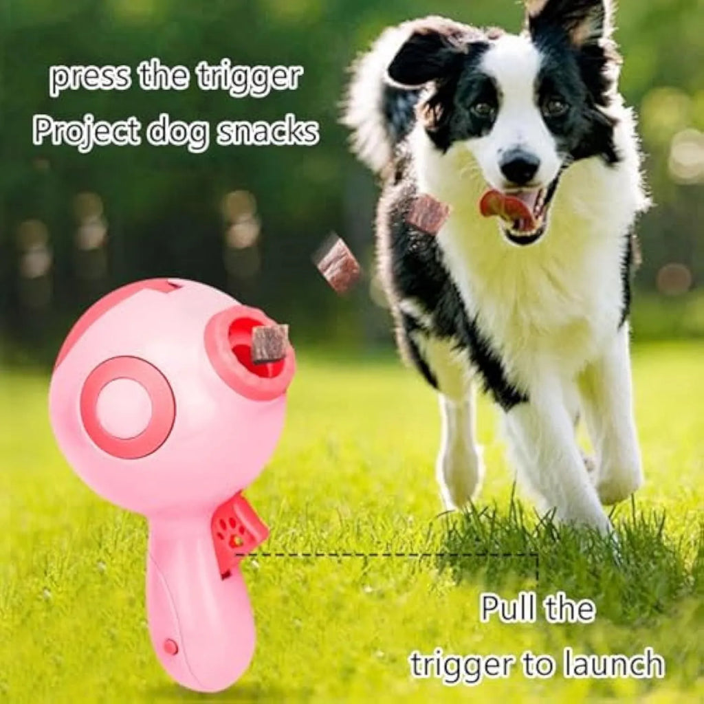 Green dog treat launcher toy for interactive pet play and remote feeding