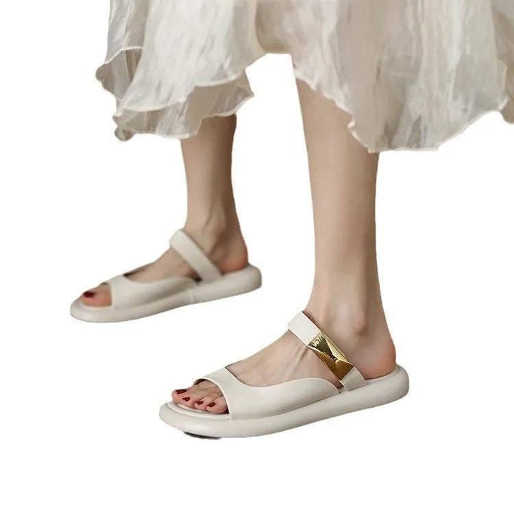 Women's apricot soft leather platform sandals with a peep toe and rubber sole.