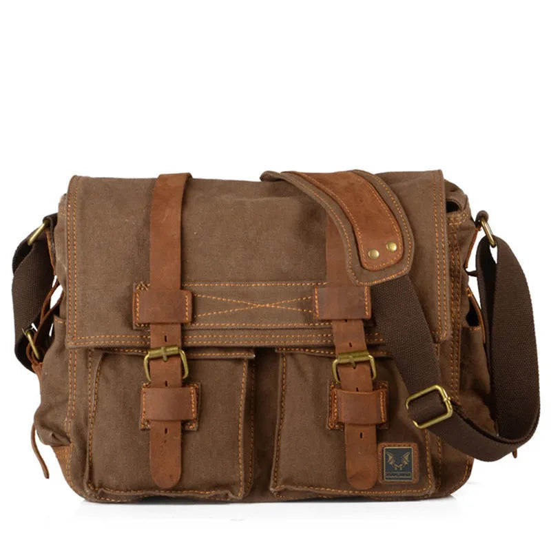 Men's retro canvas crossbody shoulder bag with flap closure and cowhide detailing in multiple colour options