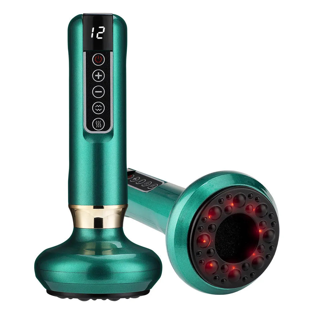 Green electric vacuum cupping massager with suction cup and charging cable