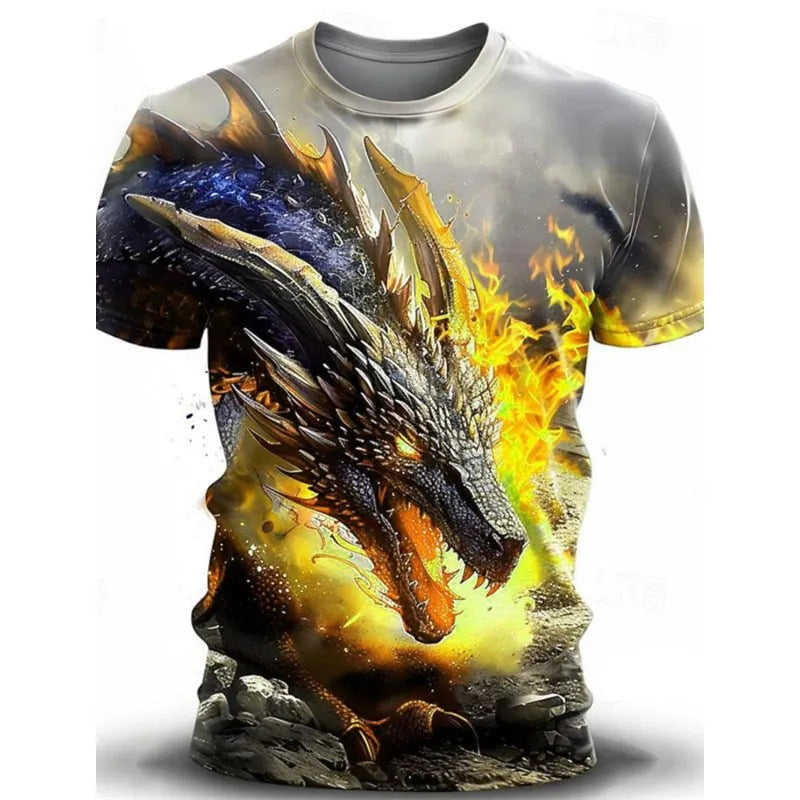 Man wearing a grey T-shirt with a detailed blue and black 3D wind dragon print across the chest.