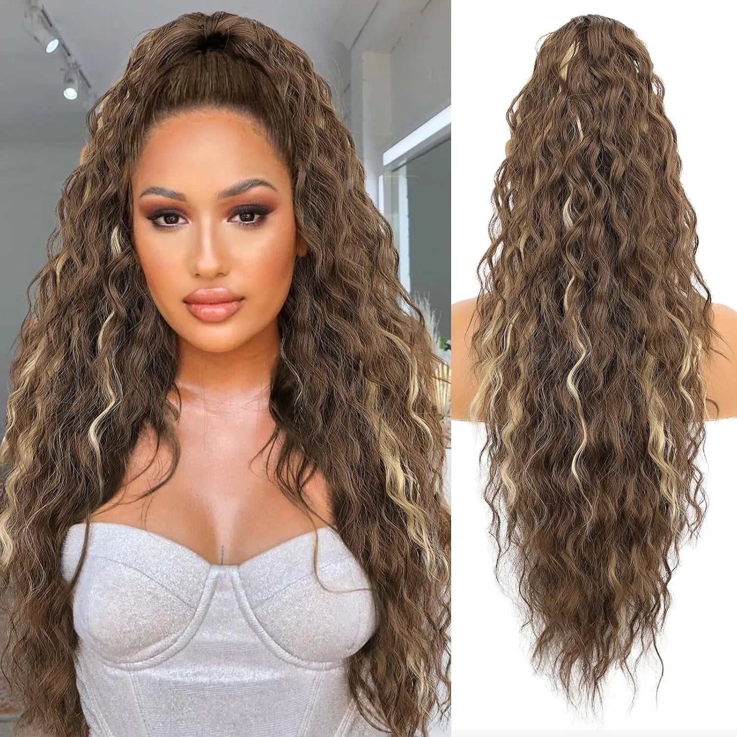 Long 30-inch curly ponytail wig in high temperature fibre for costume and cosplay.