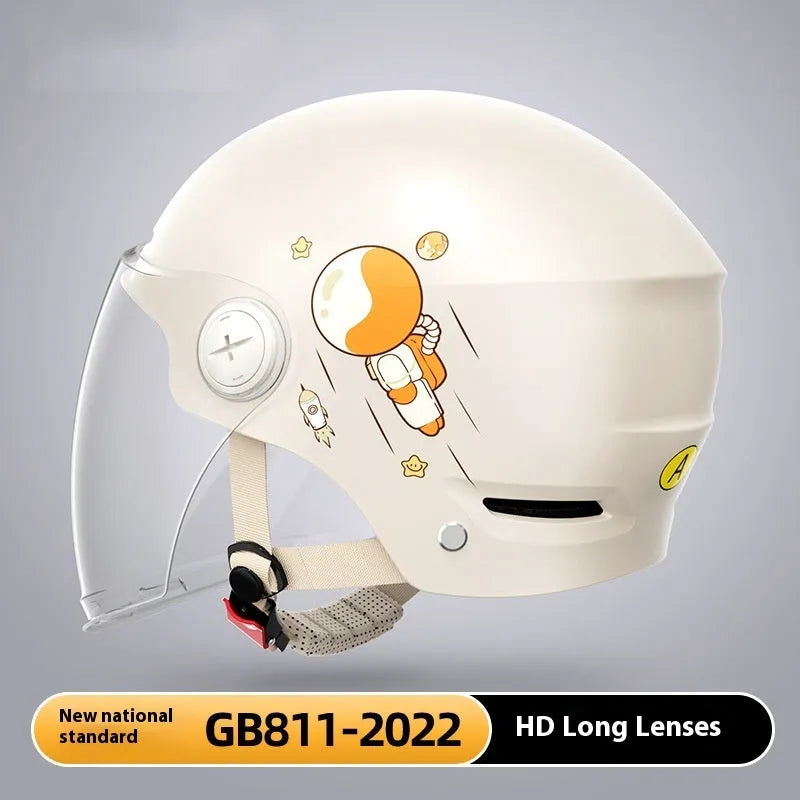 Khaki coloured open-face motorcycle helmet with integrated long mirror sunglasses on a table.
