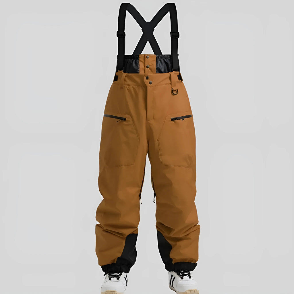 Men's black waterproof linen ski pants with waist strap and flame-retardant properties