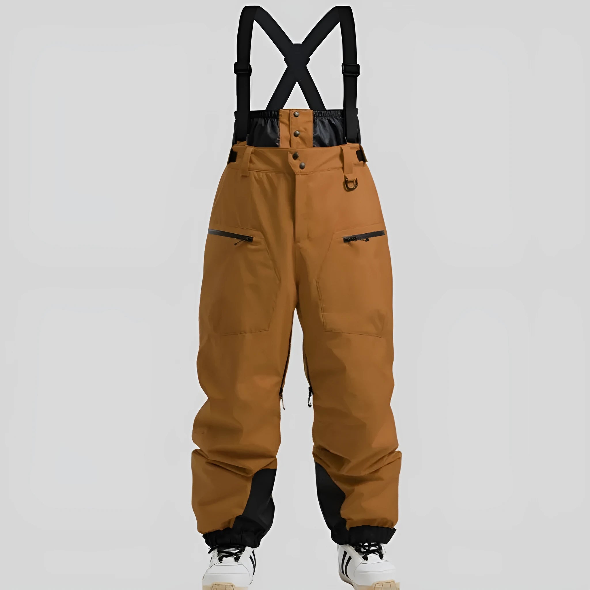 Men's black waterproof linen ski pants with waist strap and flame-retardant properties