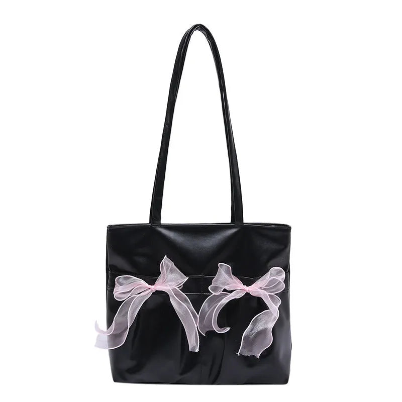 Black and pink college style bow tote bag with large capacity and double shoulder straps.