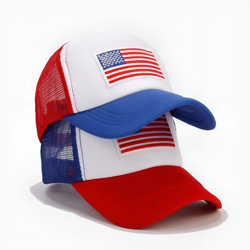 Red and blue contrast mesh baseball cap with adjustable strap and dome crown
