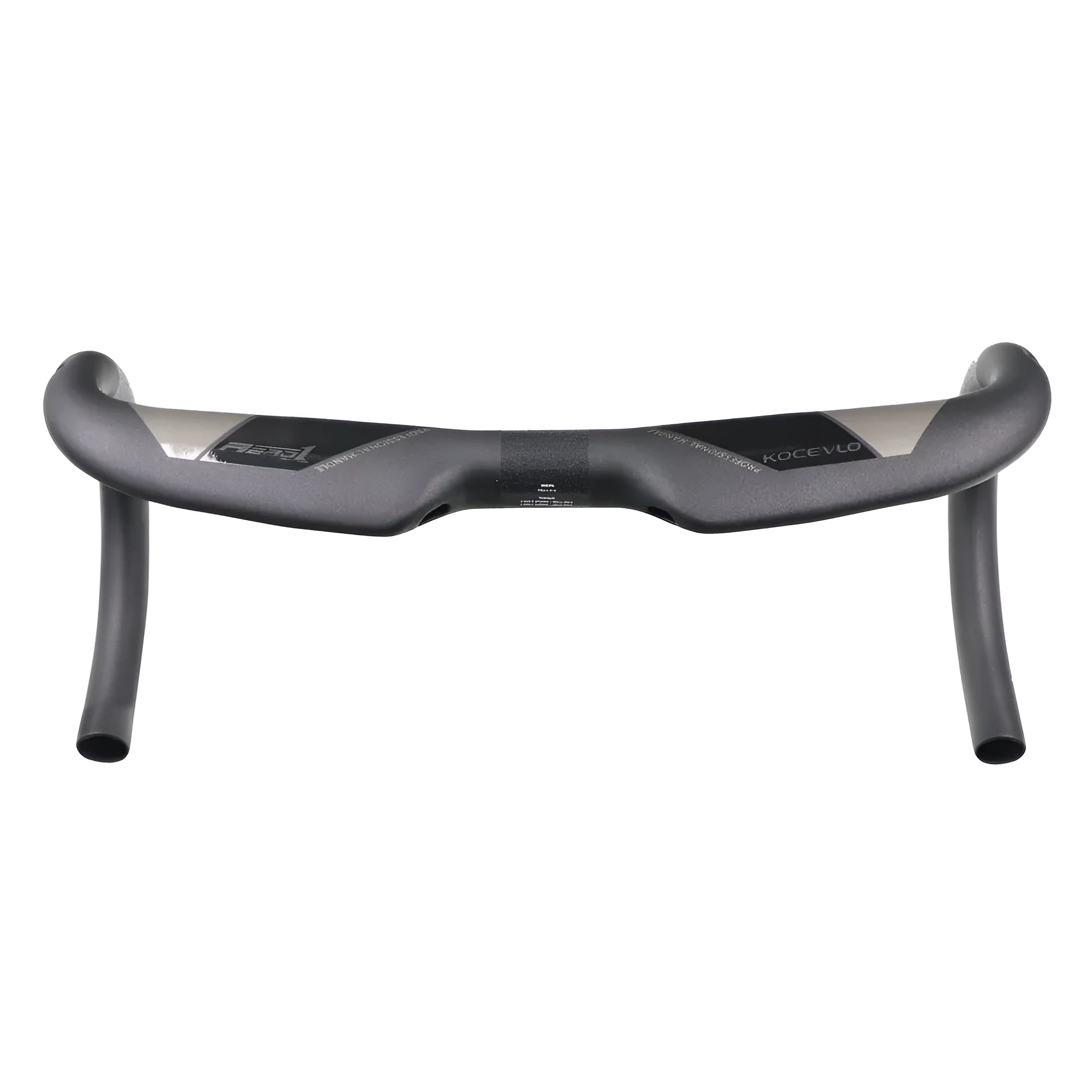 Matt black carbon fibre road bike handlebar with shallow drop, shown from a top-down angle.