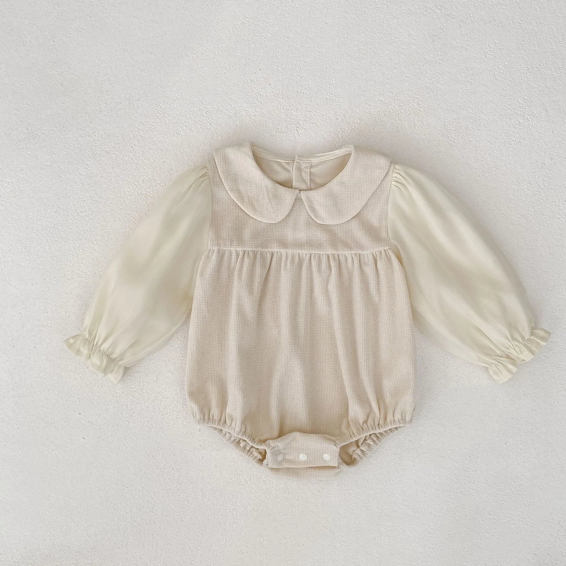 Baby girls corduroy triangle jumpsuit romper with doll collar in apricot colour, long sleeves, bottom-covering style