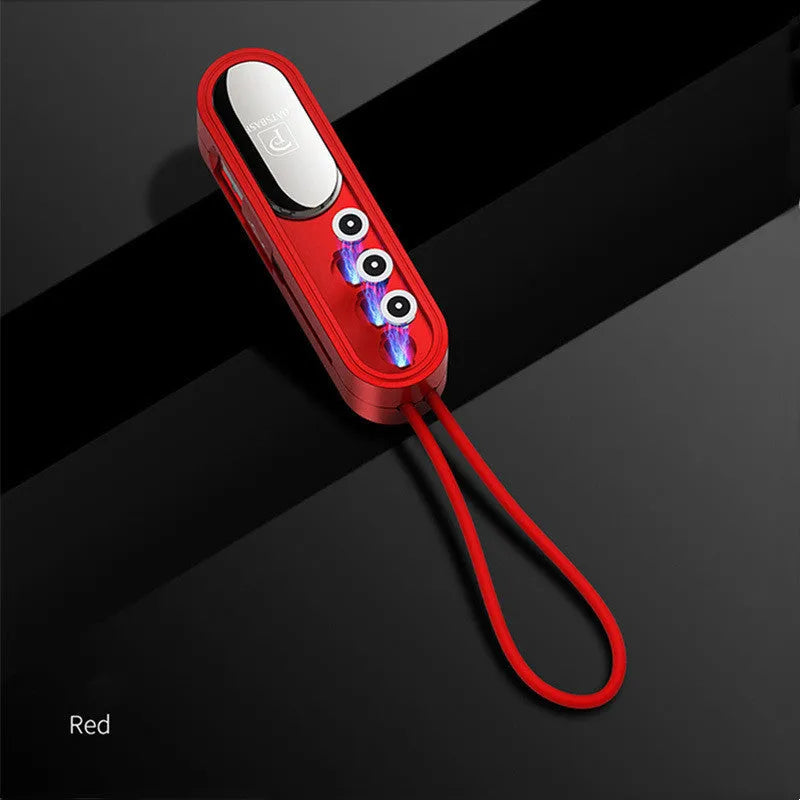 Magnetic three-in-one mobile phone charging cable with black, white, and red colour-coded tips