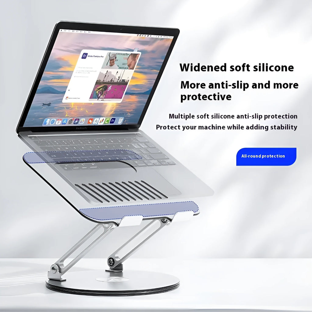 Silver aluminium laptop stand with height adjustment mechanism shown in folded and extended positions