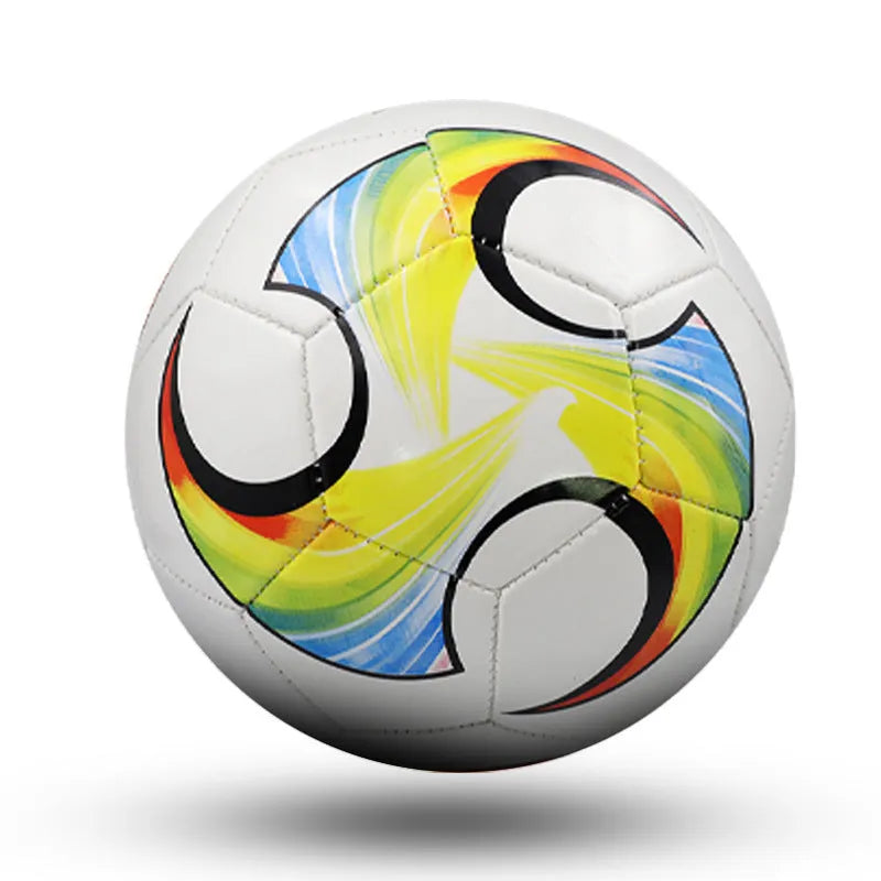 PVC machine-seam football in multiple sizes and colours including Tornado Blue, Black And White, and Red Dragon Roll designs.
