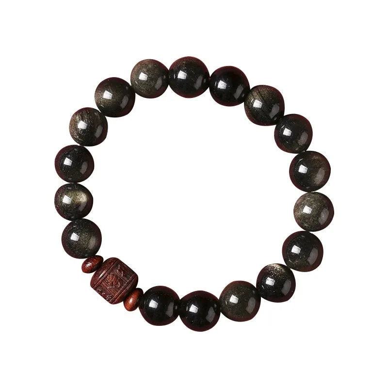 Vintage golden obsidian life bracelet with hand-woven 10mm round beads in a unisex national style design.