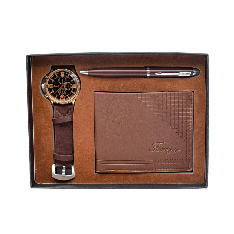 Creative holiday gift set showing a brown wallet, pen, and watch presented in an elegant paper gift box.