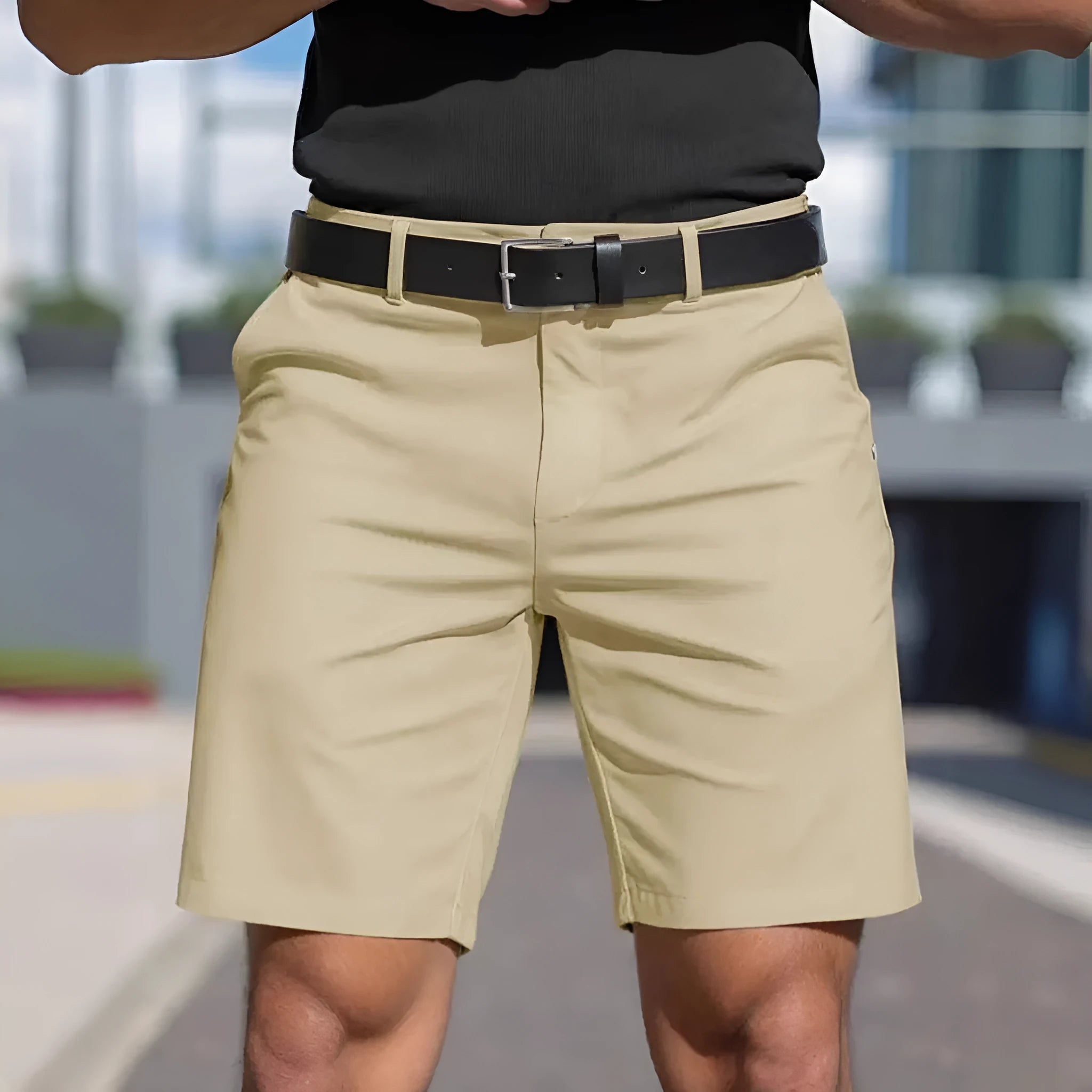 Men's solid colour elastic shorts trousers in straight cut fifth pants length