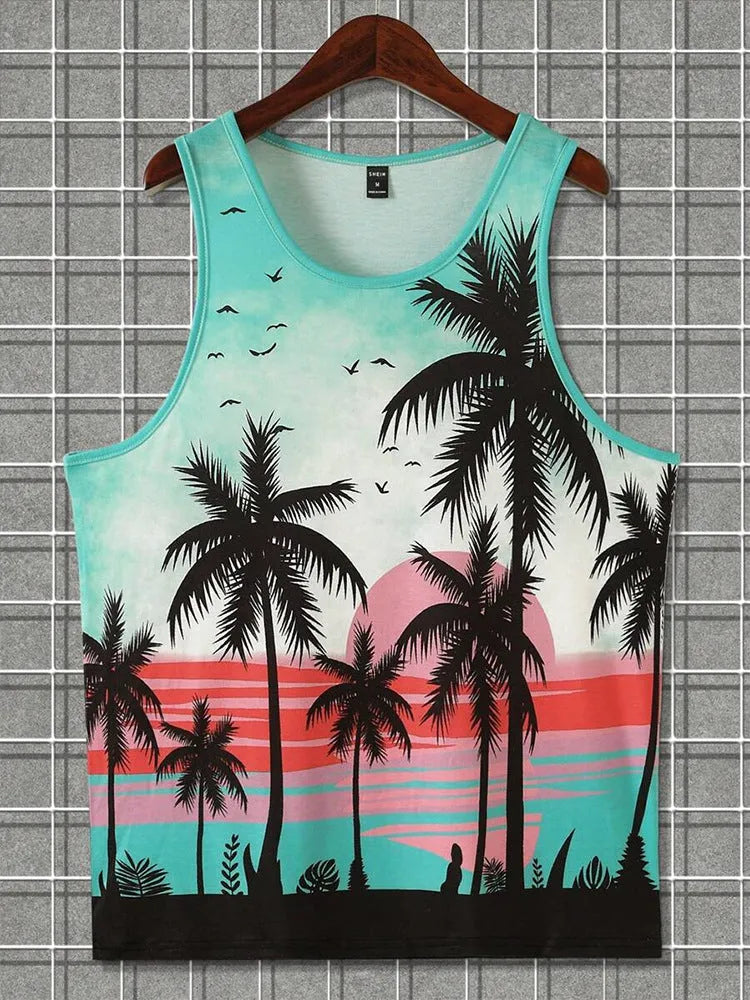 Men's 3D printed Hawaiian style sleeveless vest in solid colour on polyester pinhole cloth fabric