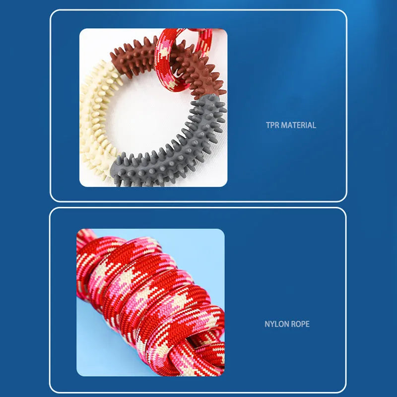 Blue, red and rose red braided rope dog toy with knots for aggressive chewing