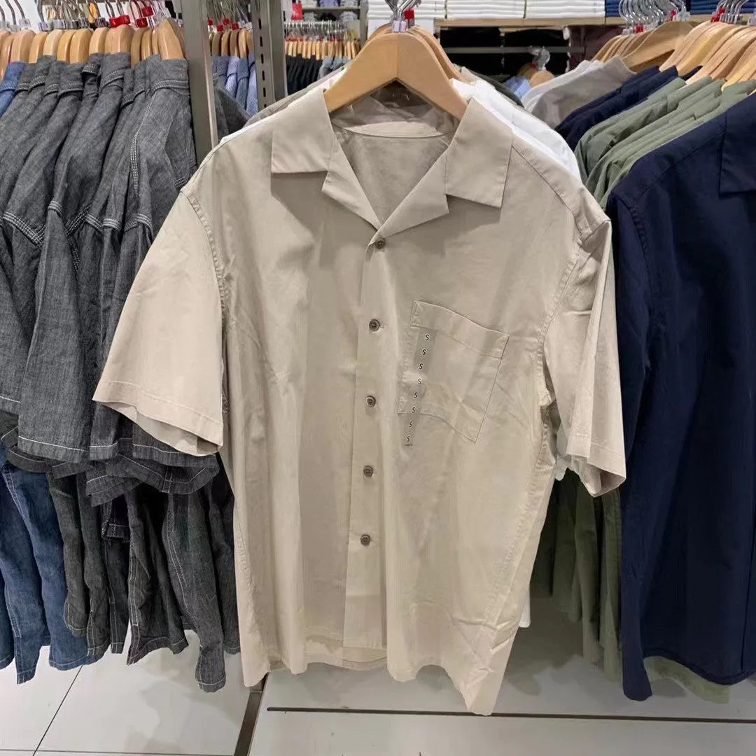 Men's modal cotton open collar shirt in beige, olive, white, and black colours with cardigan style and collage stitching