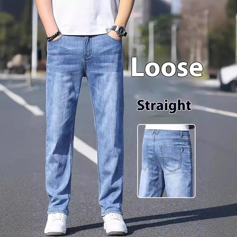 Tapered cotton denim business casual trousers with stretch fabric in light blue, grey, blue-grey and black colours