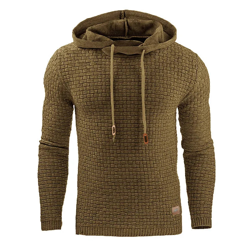 A men's hoodie sweater in a cotton and polyester blend, shown in one of nine available colours.