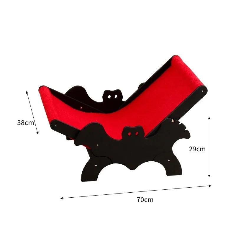 Black and red wooden bat-shaped cat recliner bed for halloween pet decor
