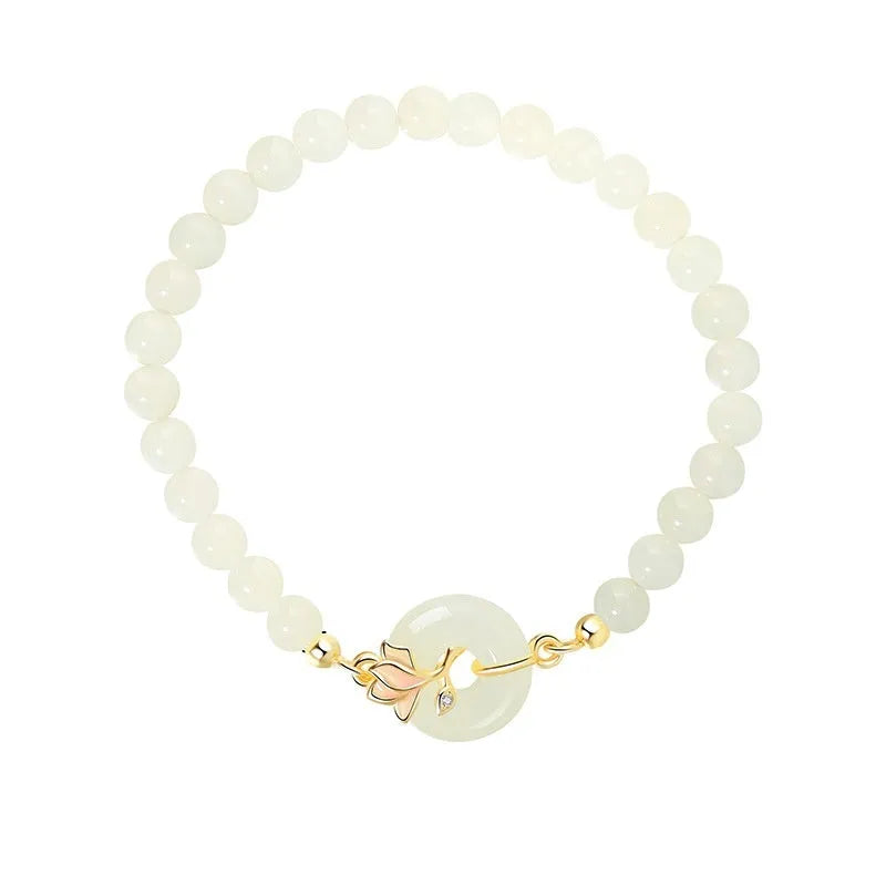 Orchid Hetian Jade S925 sterling silver magnolia round beads bracelet Chinese style for women B1893