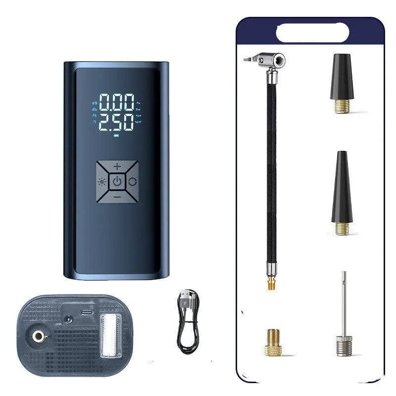 Portable wireless digital car tyre pump with display showing pressure reading