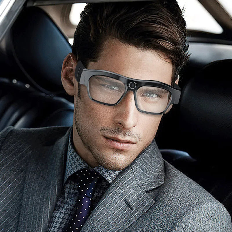 Black smart Bluetooth glasses with video recording capability and transparent lenses