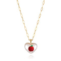 Heart-shaped necklace with fruit pendant on geometric chain showing strawberry pineapple apple pear cherry options