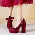 Women's chunky heel wedding shoes in wine red colour with decorative buckle detail