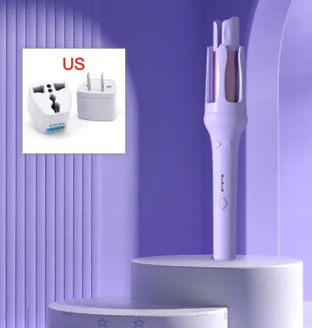 White and pink automatic hair curler with 32mm ceramic barrel and auto-clamp feature on a table.