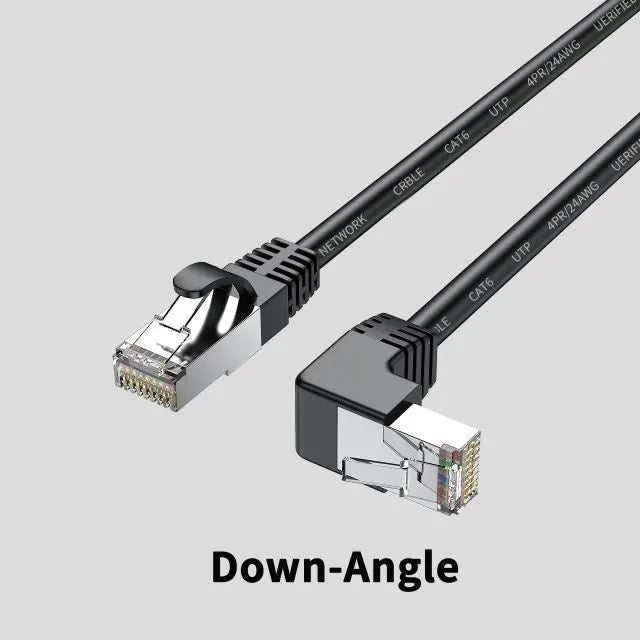 Cat6 Ethernet cable with right-angle metal RJ45 connector in black, available in multiple lengths