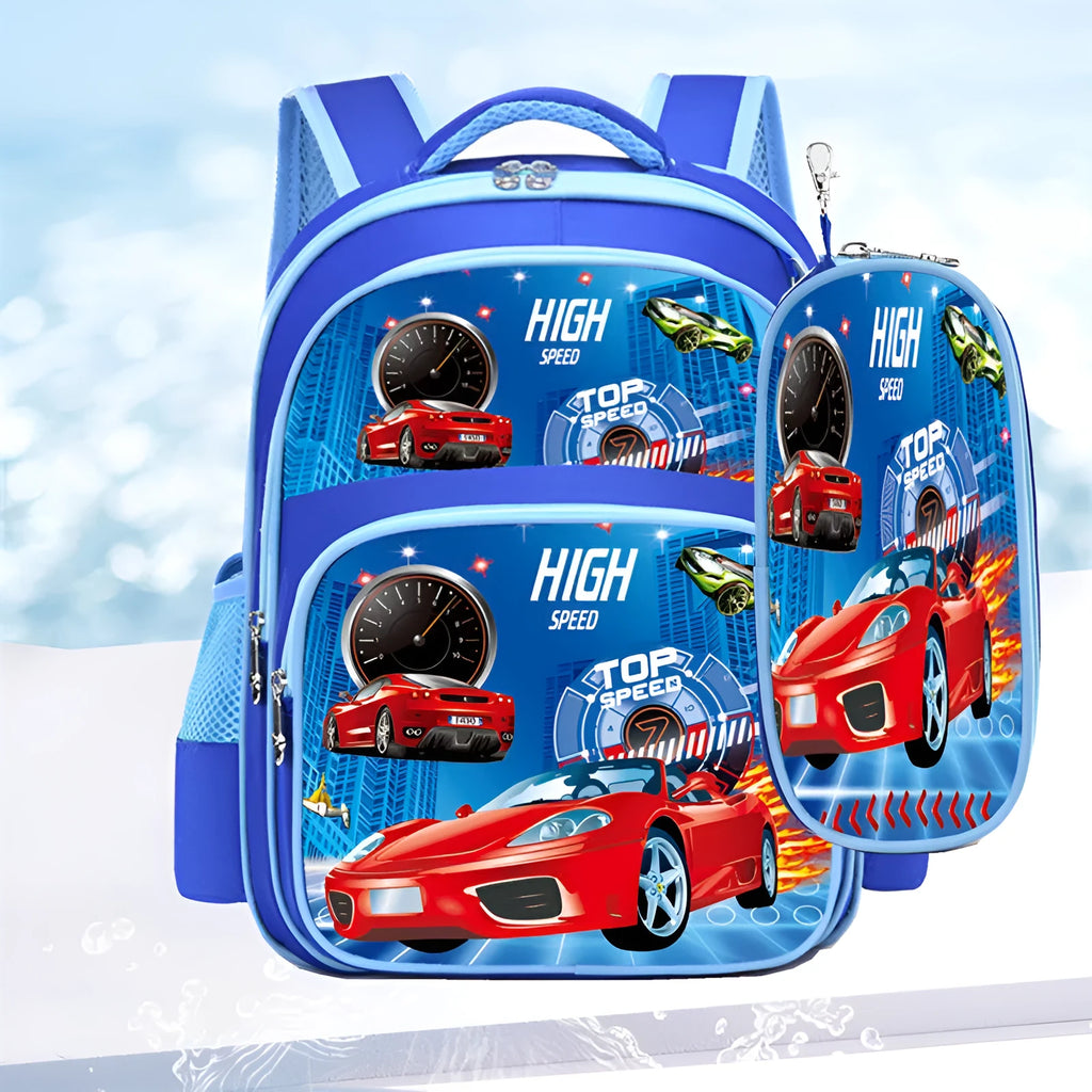 Cartoon anime print children's school backpack in blue colours with pencil case.