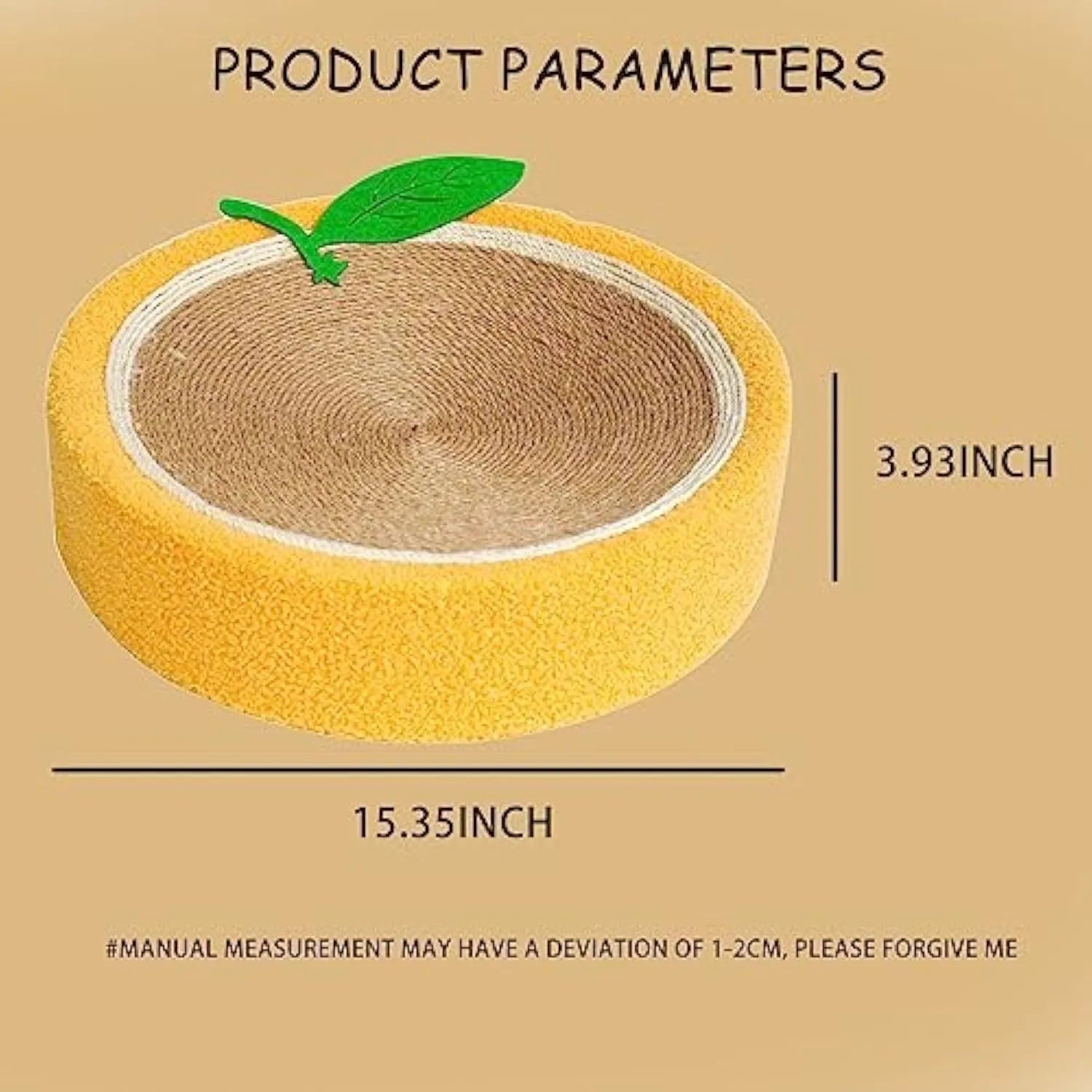 Yellow round cat scratching board and bed with sisal surface for small breed cats.