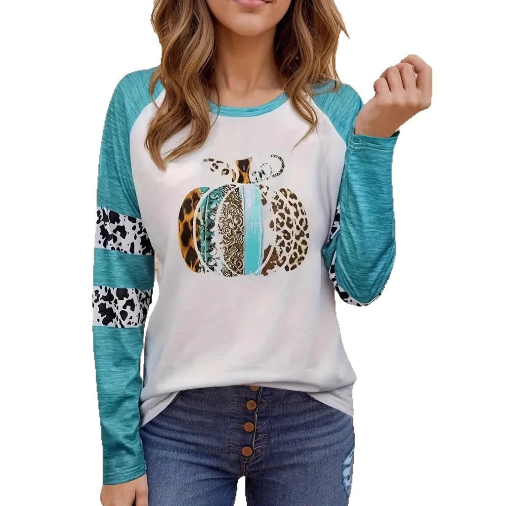 Sky blue long sleeve t-shirt with a detailed 3D digital print of a Halloween pumpkin.