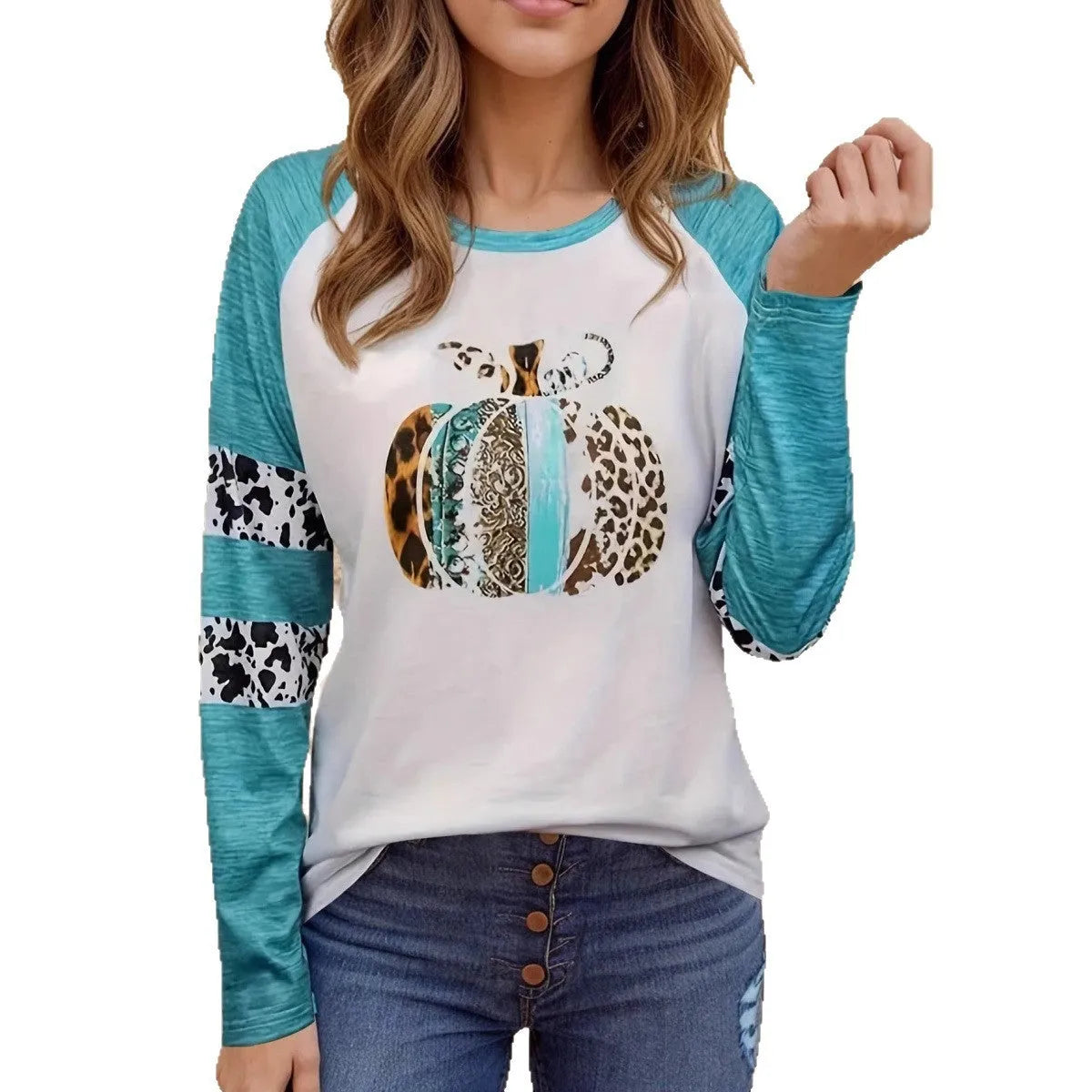 Sky blue long sleeve t-shirt with a detailed 3D digital print of a Halloween pumpkin.