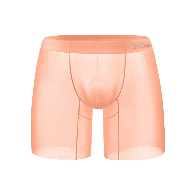 Men's low-waist boxers in solid orange, pink, or red made from breathable ice silk nylon fabric.