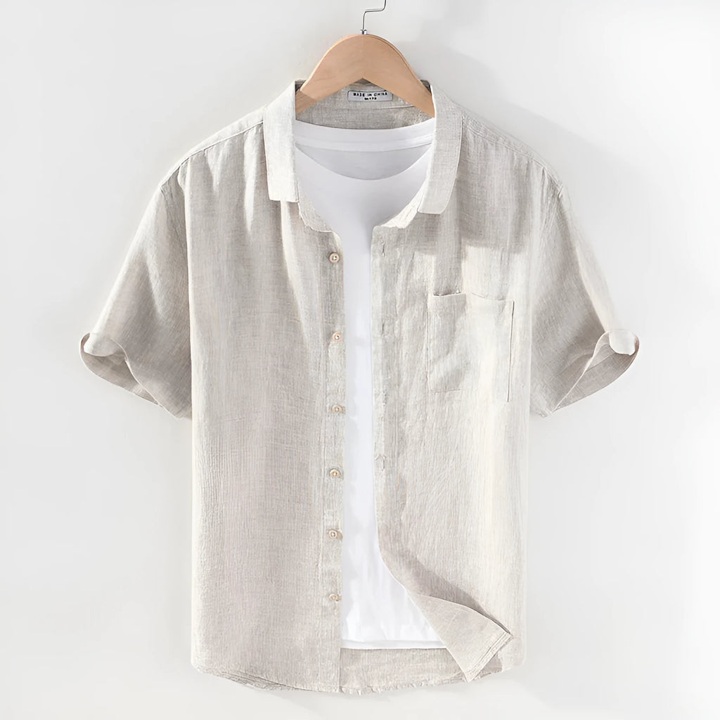 Men's square collar short sleeve linen shirt in raw jute colour, laid flat.