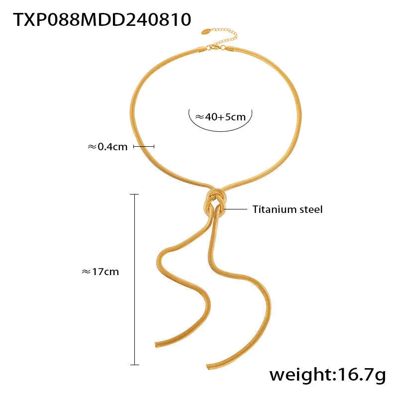 Gold knotted tassel snake chain long necklace with matching titanium steel electroplated earrings