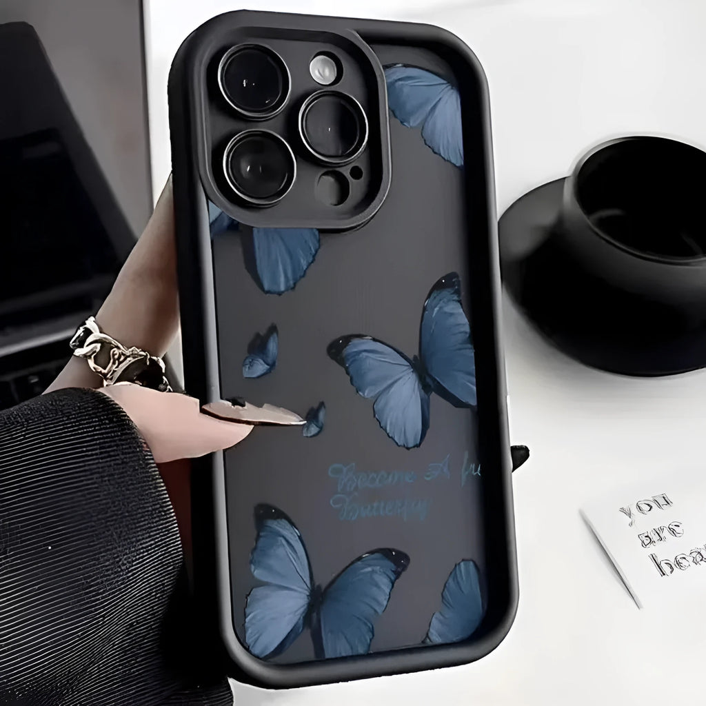 Blue butterfly printed edging drop-resistant TPU phone case for iPhone in black