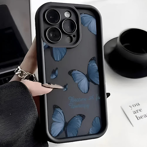 Blue butterfly printed edging drop-resistant TPU phone case for iPhone in black