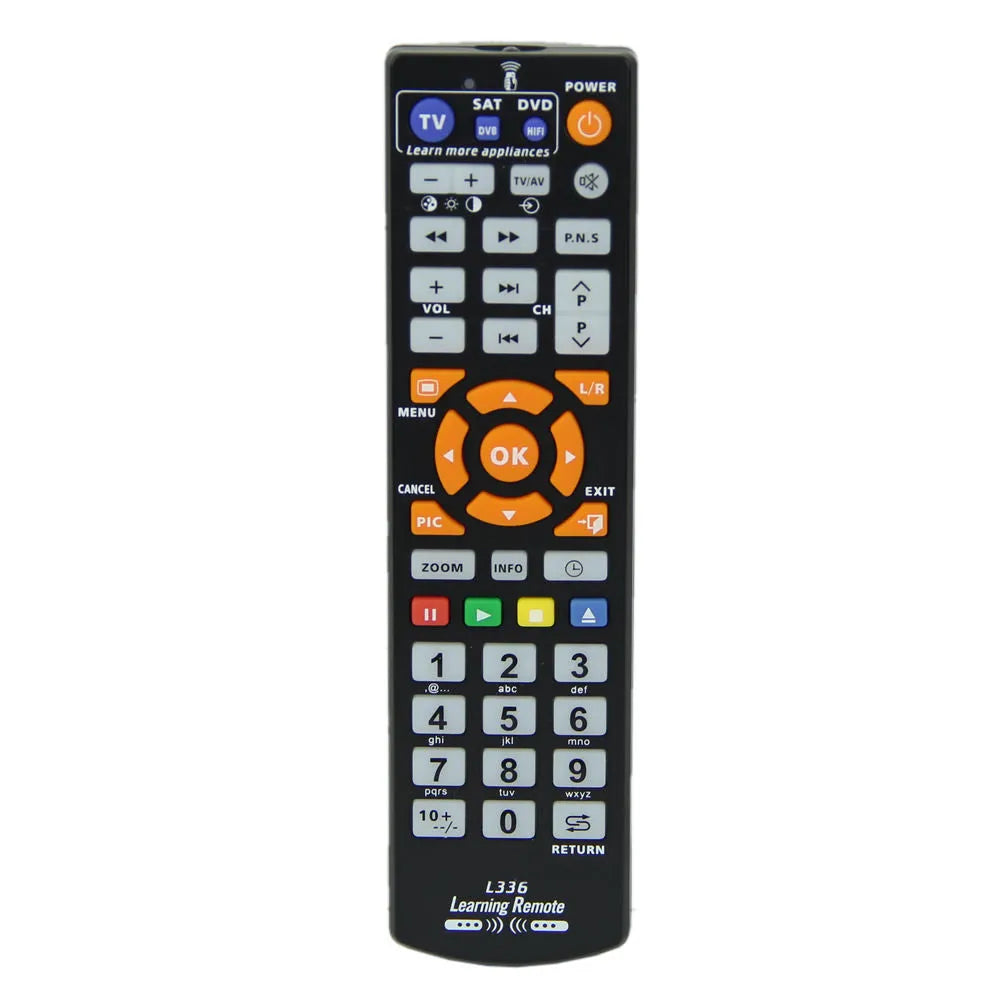 Black L336 full-key universal learning remote control for TV and DVD players.