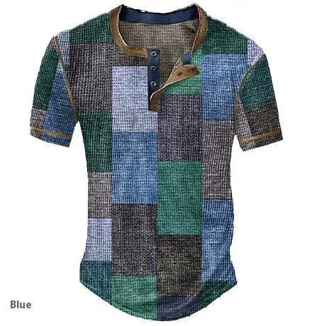 Men's graphic plaid colour block waffle henley short sleeve shirt, front view, regular fit, available in multiple colours