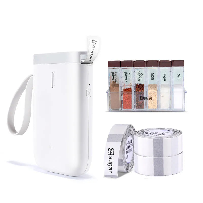 D11 Bluetooth thermal label printer with compact black design shown next to printed labels