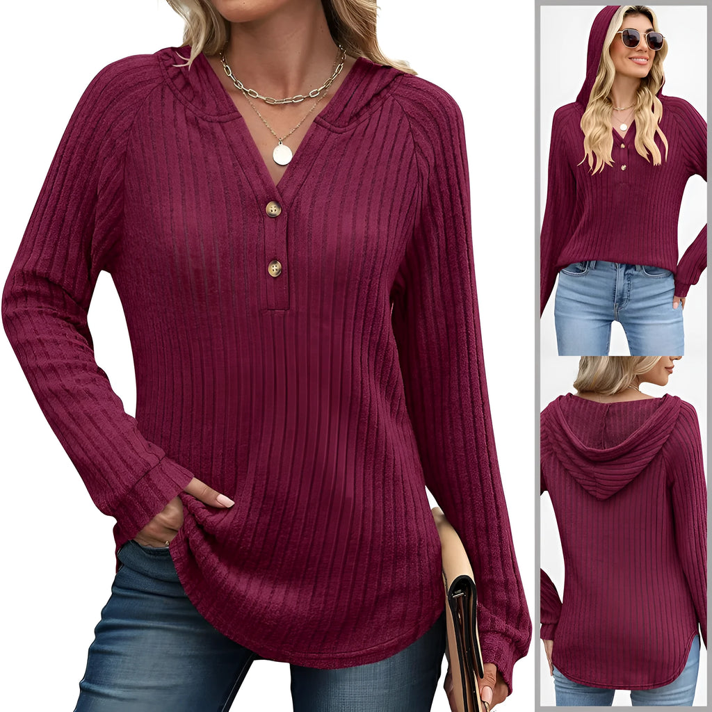 Solid colour v-neck button loose hooded fleece knitted top in polyester, available in multiple colours