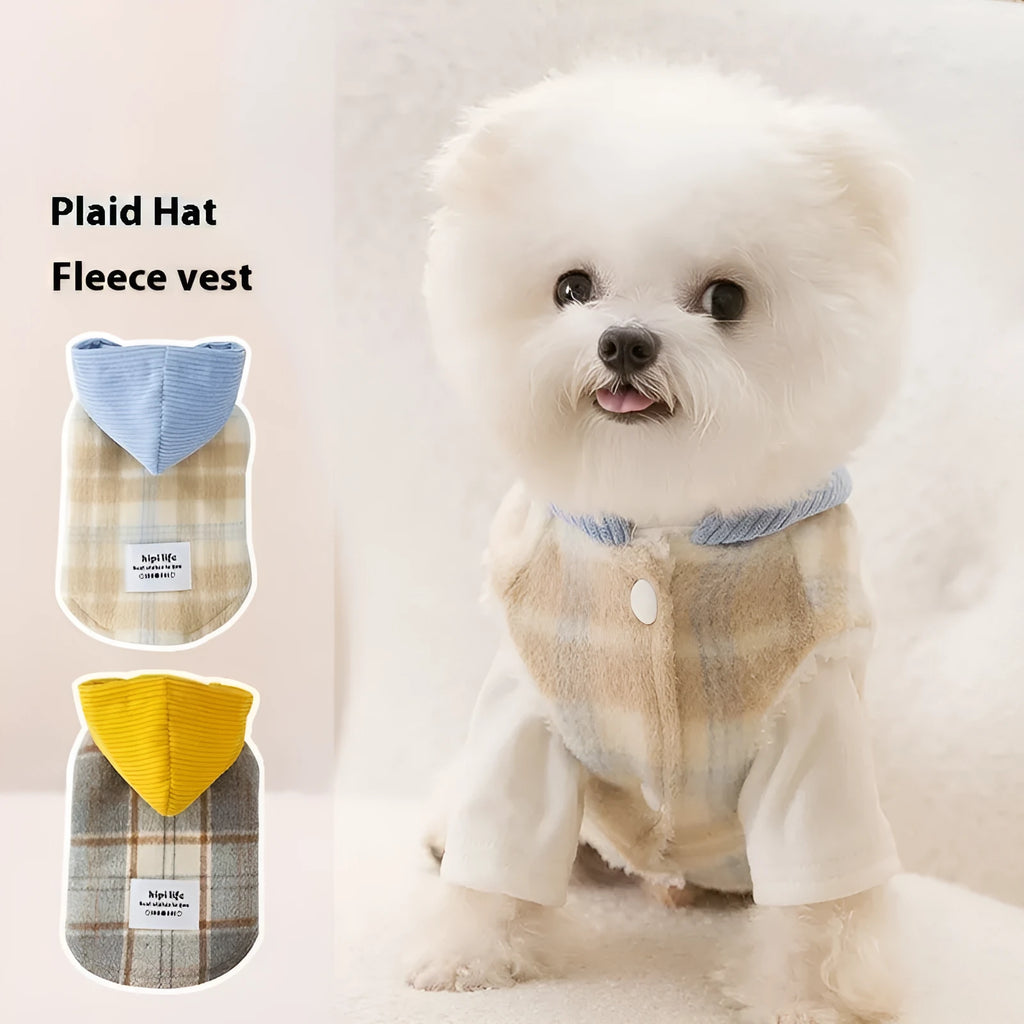 Blue corduroy dog hoodie with black and white chessboard grid pattern and a hood.
