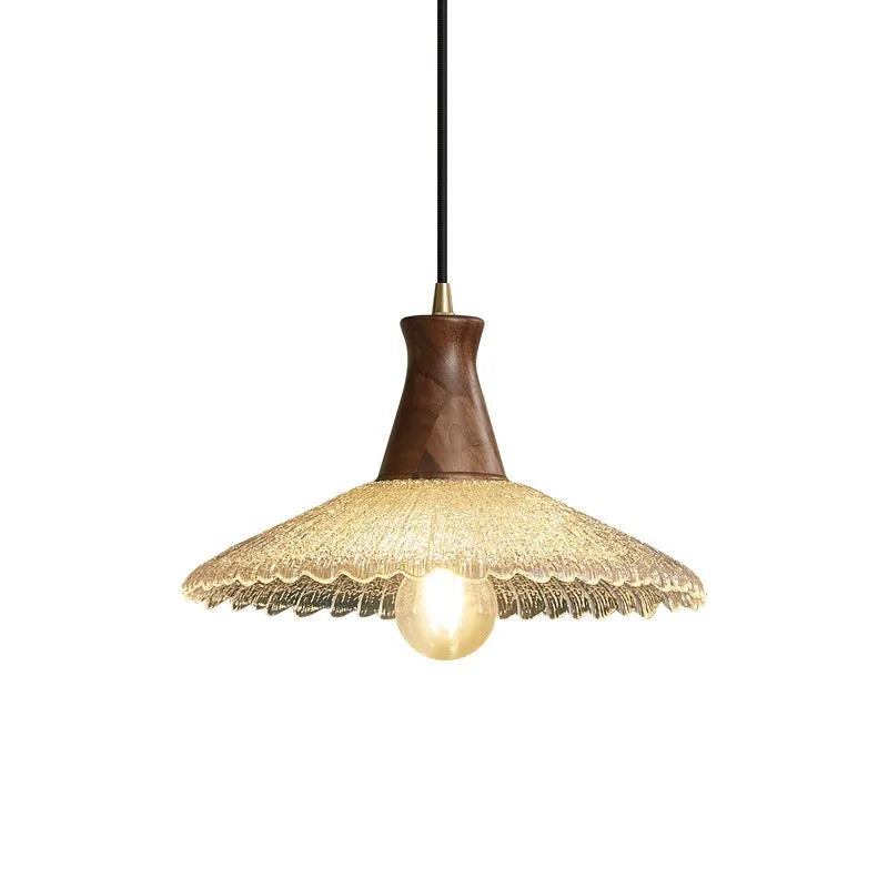 Retro brass and glass wood chandelier with wooden body, available in three sizes