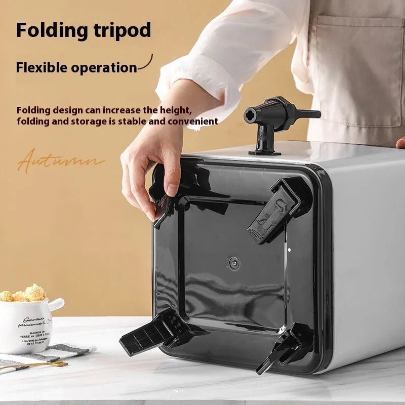 Silver stainless steel milk tea bucket with square-lock lid, 8-litre capacity.